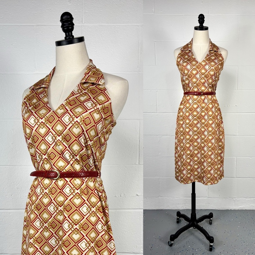 Vintage 90s Y2K Charlotte Russe Open Back Halter Dress Geometric Diamond Knit M